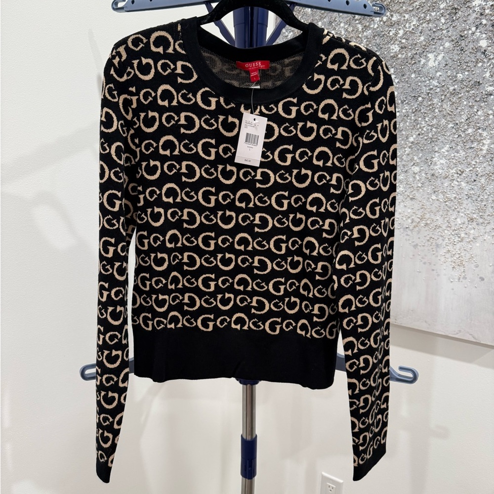 Guess Black and Cream Logo Knit Sweater